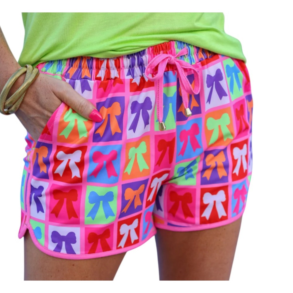 JESS LEA Everyday Shorts BOW BONANZA Pink/Multi Drawstring POCKETS Elastic SZ S